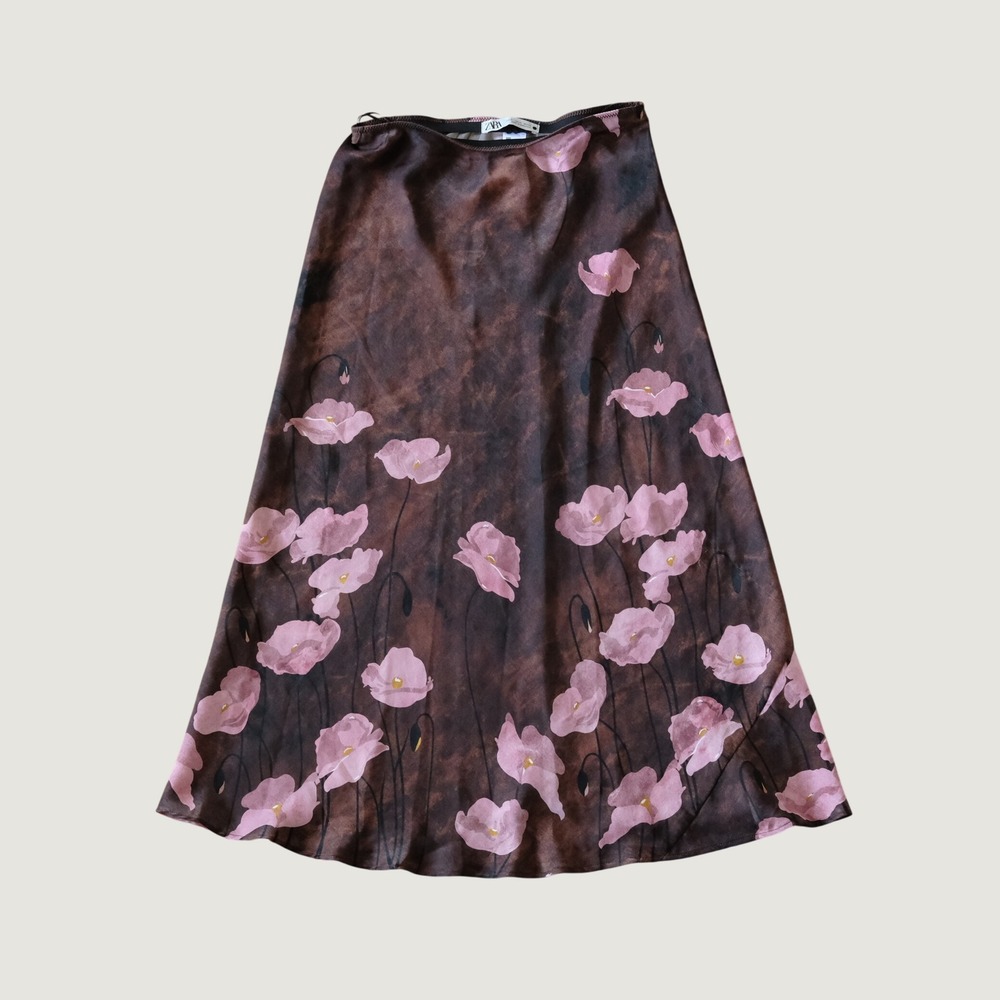 Zara Midi Skirt Floral Poppy Brown Pink Satin Print XS Romantic Cottagecore